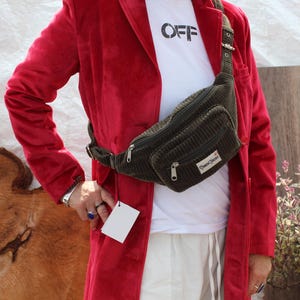 Khaki Green Corduroy Fanny Pack: Double Zip Festival Belt Bag