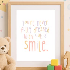 Puede incluir: Un estampado enmarcado con el texto "You're never fully dressed without a smile" en colores pastel. Un oso de peluche, bloques de madera y un caballito balancín están frente al marco. El fondo tiene un patrón de lunares.