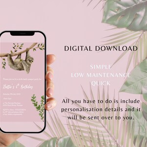 Pink sloth Children's birthday party invitation Digital download