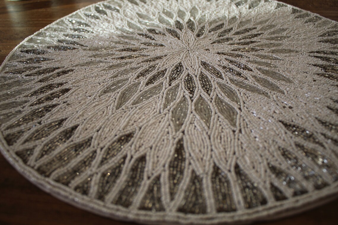 38 Cm Glass Handmade Beaded Placemats Silver and White Colour Etsy