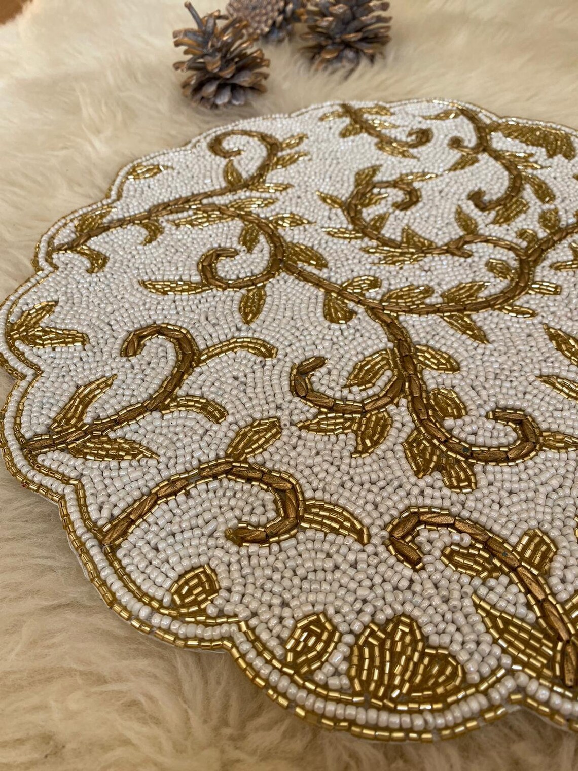 Gold and White Glass Beaded Placemats Etsy