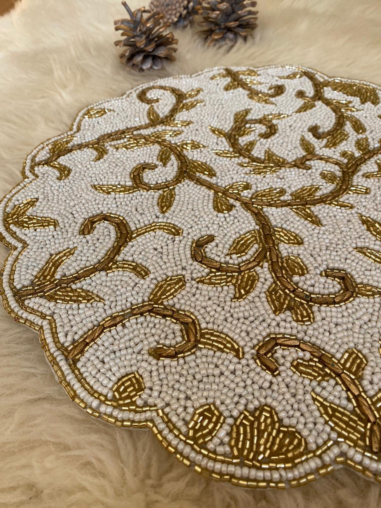 Gold and White Glass Beaded Placemats Etsy