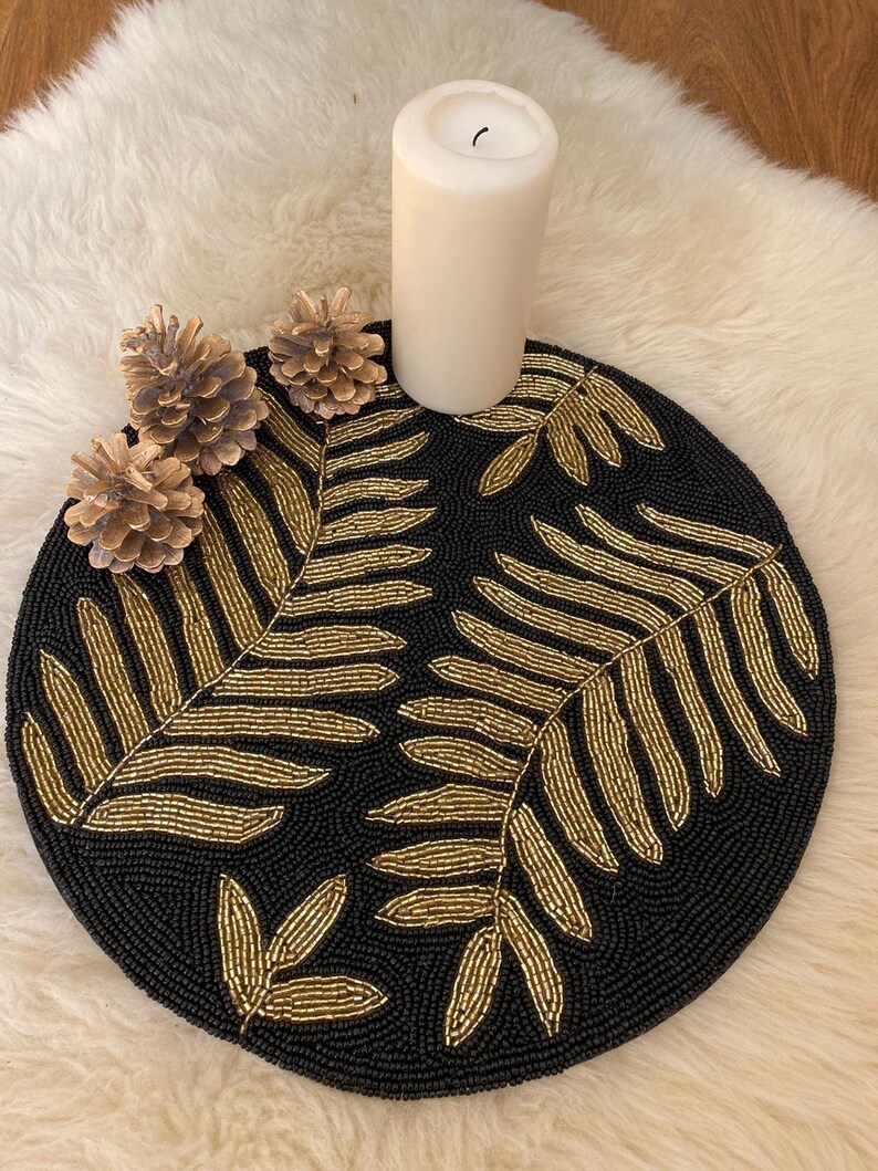 Black and Gold Leaf Design Beaded Placemat Etsy