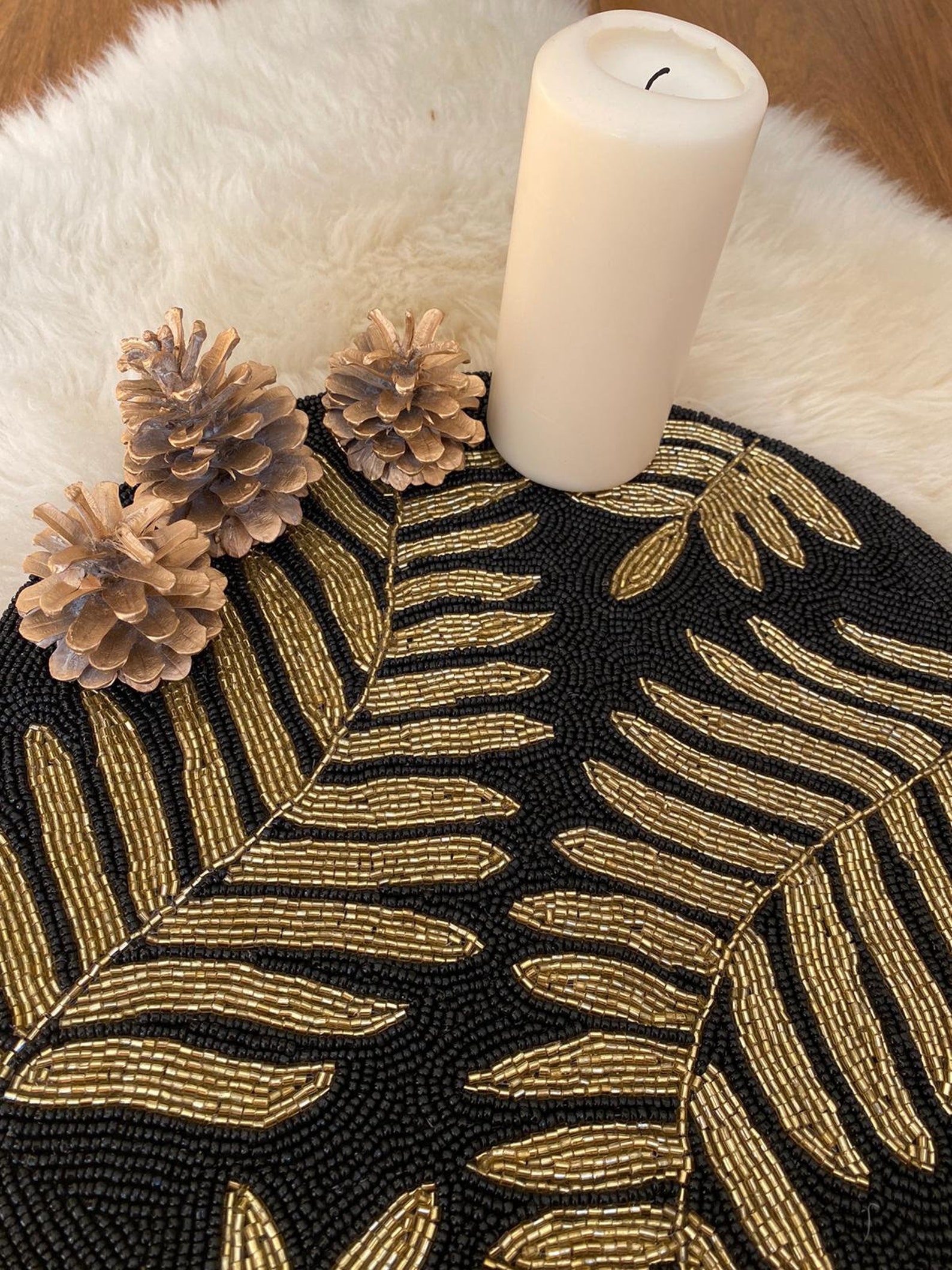 Black and Gold Leaf Design Beaded Placemat Etsy