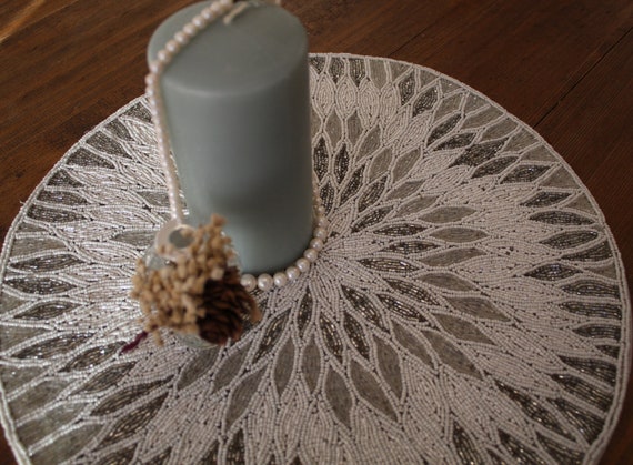 38 Cm Glass Handmade Beaded Placemats Silver and White Colour Etsy
