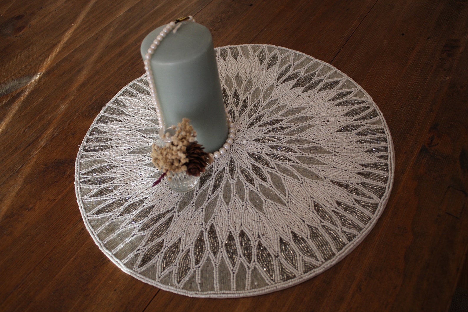 38 Cm Glass Handmade Beaded Placemats Silver and White Colour Etsy