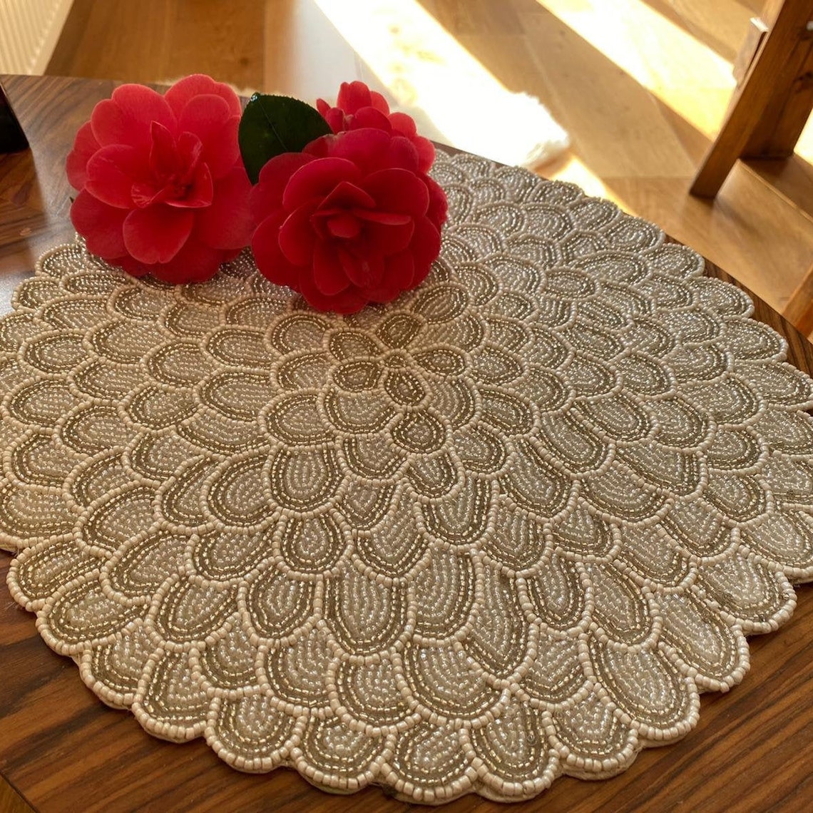 Silver and White Glass Beaded placemat Etsy