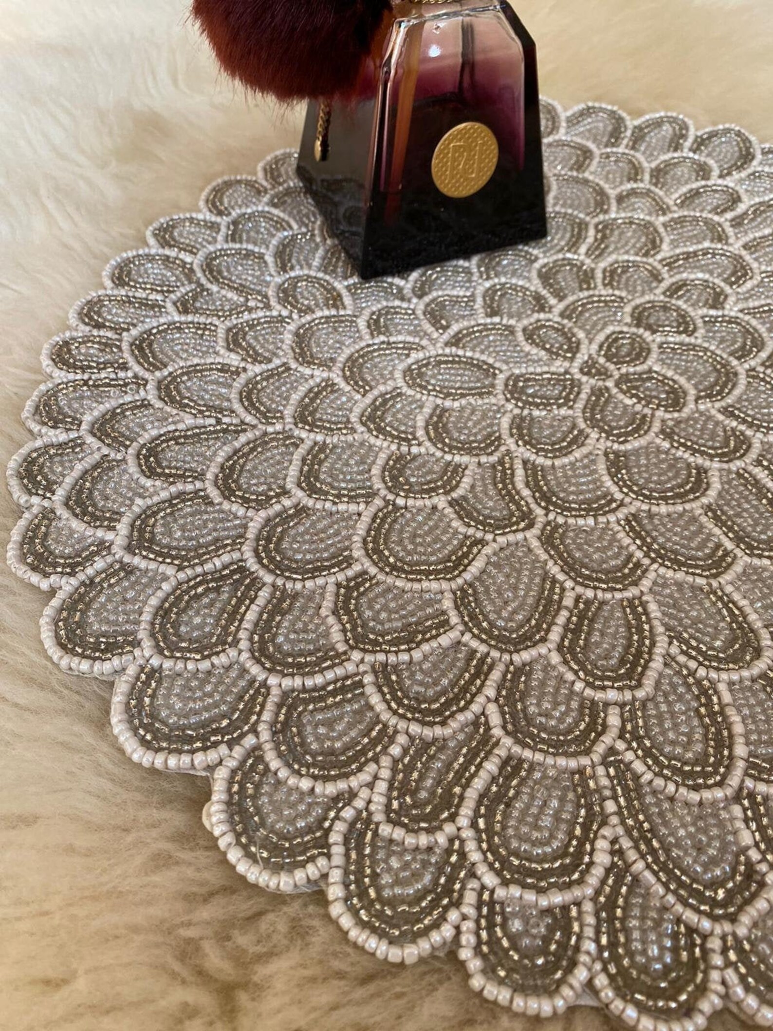 Silver and White Glass Beaded placemat Etsy