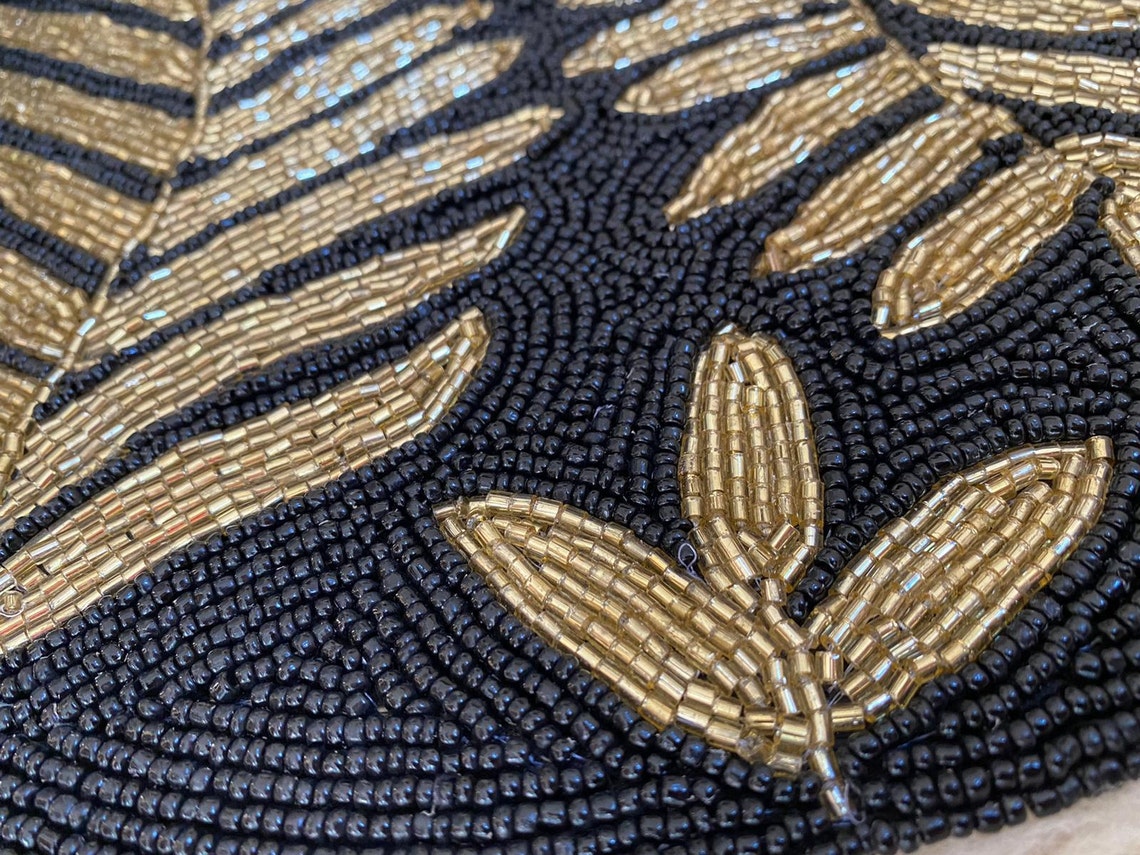 Black and Gold Leaf Design Beaded Placemat Etsy