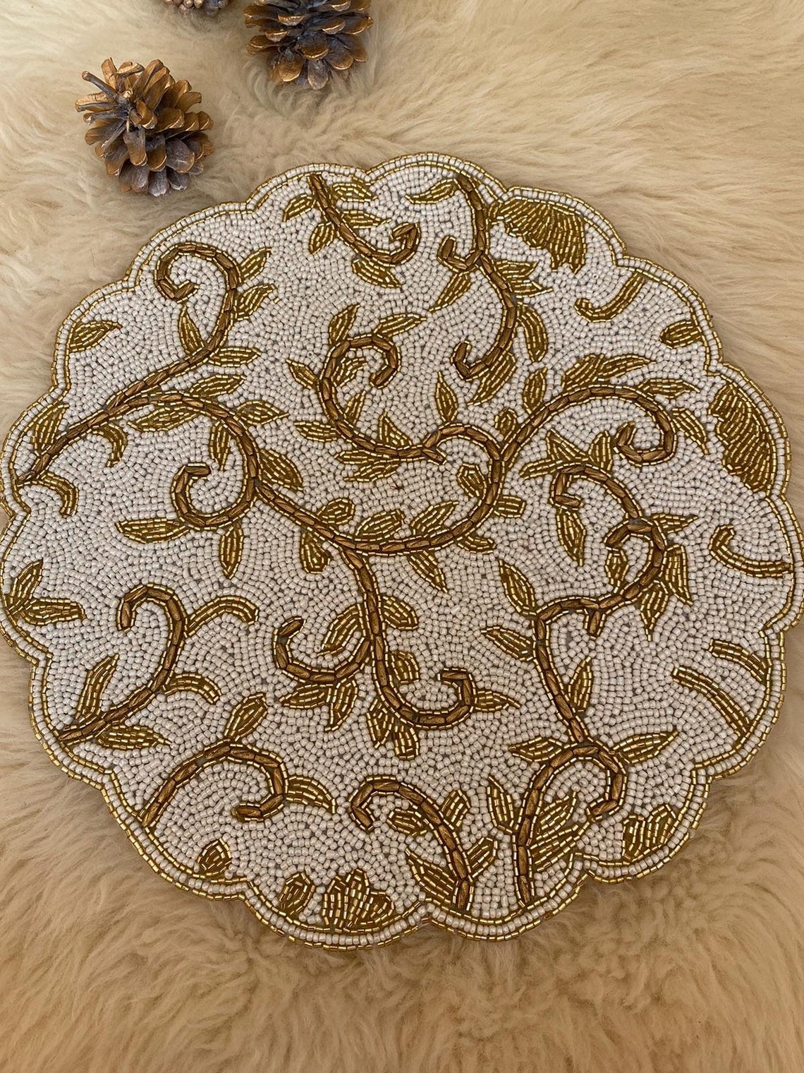 Gold and White Glass Beaded Placemats Etsy