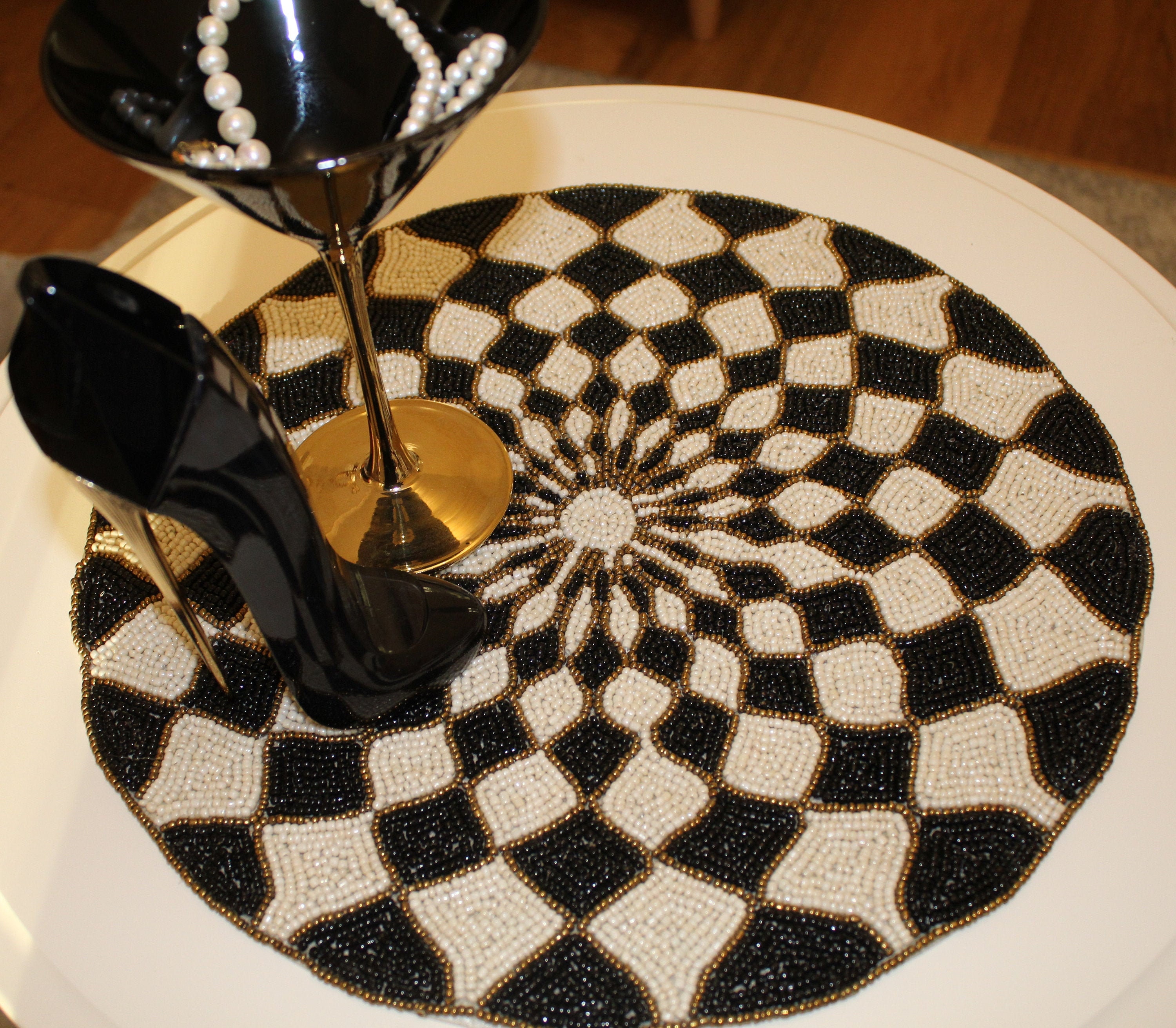 Decorative Handmade Glass Beads Black and White Table Mat/placemat Etsy