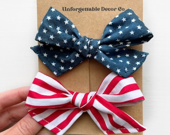 Stars and Stripes Fourth of July Bows. Blue Stars Pigtail Bow Clips. Patriotic Hair Bows. Embroidered Piggy Bows. Toddler Hair Bows for Girl