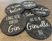 Individual glass coasters made of felt (round) with gin sayings in set of 6