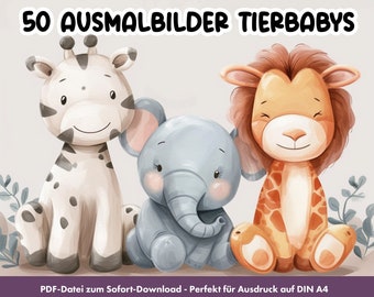 50 Ausmalbilder Tierbabys für Kinder | Malbuch + Malvorlage Tiere | Ausmalseiten mit Katzen, Hunden, Pferden, Kühen, Küken und vielen mehr