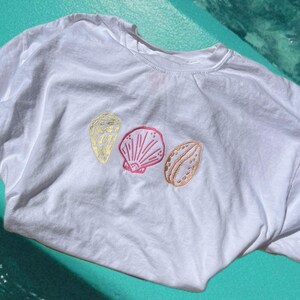 Seashells Embroidered Tshirt, Custom Shirt, Seashell, Cone Shell, Cowrie Shell, Coastal, Beachy Embroidered Tshirt, 100% ringspun cotton