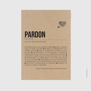 Carte définition Pardon -  Carte de regrets - Excuses sincères - Demande de pardon - Carte de réconciliation - Personnalisable