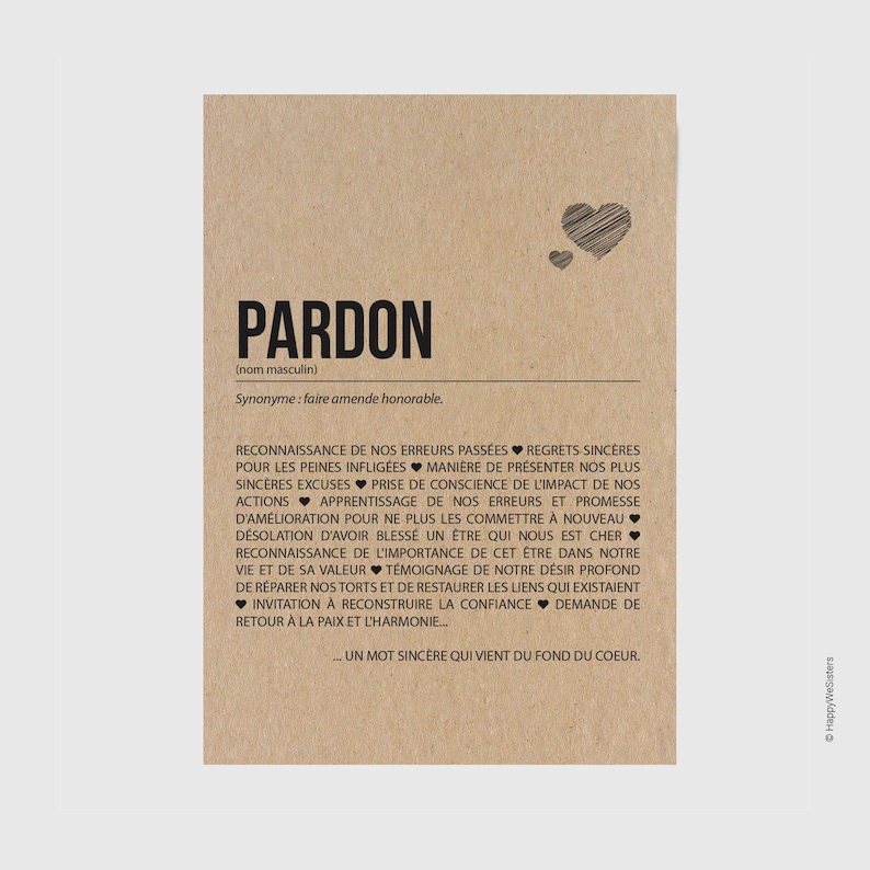 Carte définition Pardon - Carte de regrets - Excuses sincères - Demande de pardon - Carte de réconciliation - Personnalisable image 1