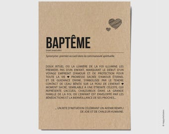 Carte définition Baptême - Cadeau de baptême - Carte de voeux baptême -  Personnalisable