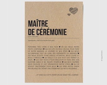 Carte définition Maître de cérémonie mariage - Carte mariage - Cadeau maître de cérémonie mariage - Personnalisable