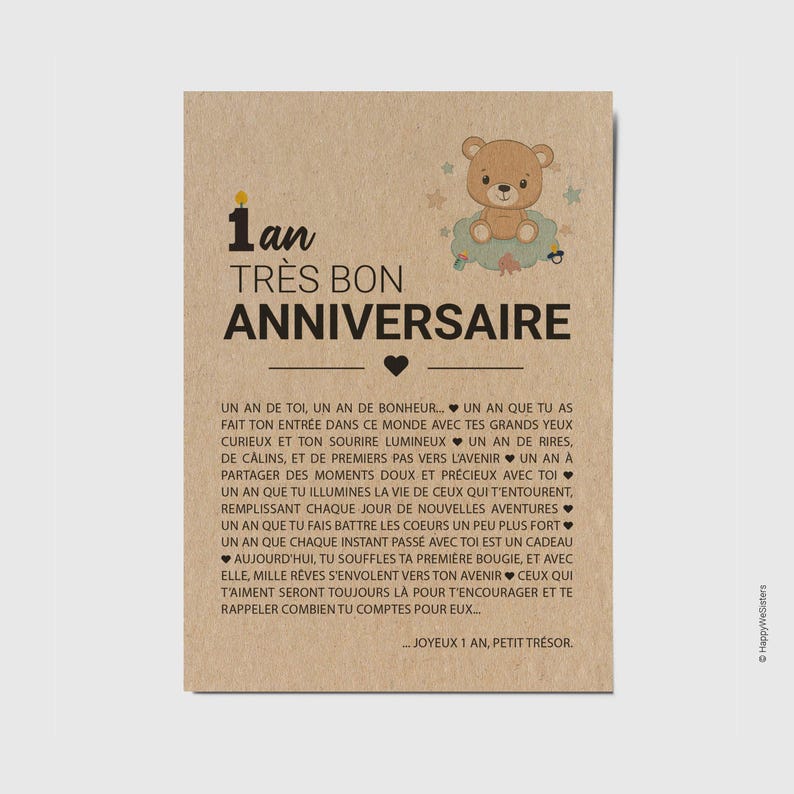 Carte d'anniversaire enfant 1 an - Joyeux premier anniversaire - Carte anniversaire originale - carte pour les 1 an bébé - personnalisable image 1