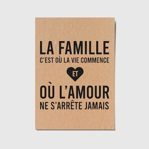 Carte avec citation française "La famille c'est où la vie commence et où l'amour ne s'arrête jamais"