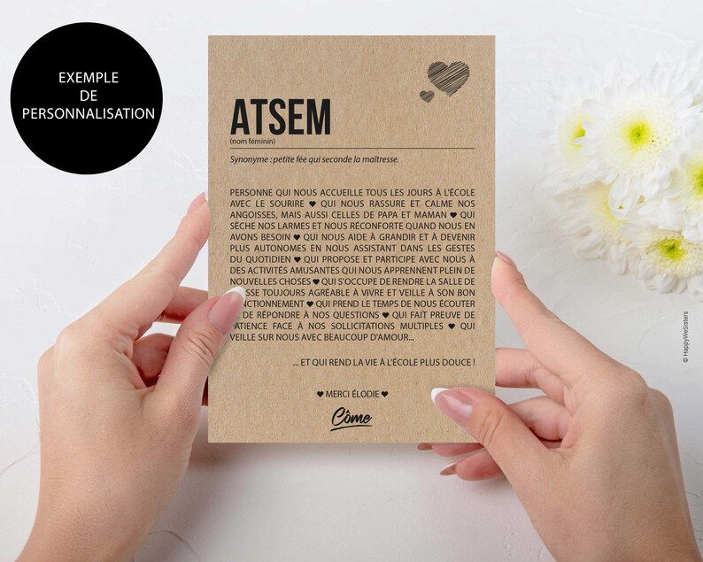 Carte définition ATSEM - Idée cadeau fin d'année scolaire - Idée cadeau ATSEM - Merci ATSEM - Personnalisable image 3