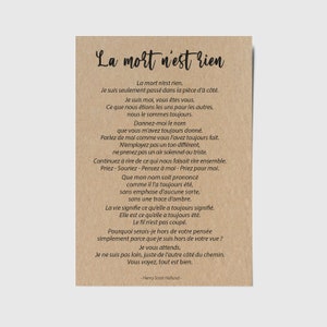 Carte de deuil avec poème "La mort n'est rien" - Carte de condoléances - Carte de soutien deuil