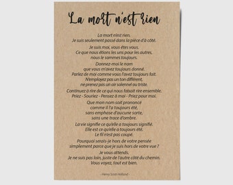 Carte de deuil avec poème "La mort n'est rien" - Carte de condoléances - Carte de soutien deuil