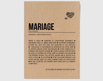 Carte définition mariage - Cadeau de mariage - Carte de félicitations mariage - Demande en mariage - Personnalisable - Voeux de mariage