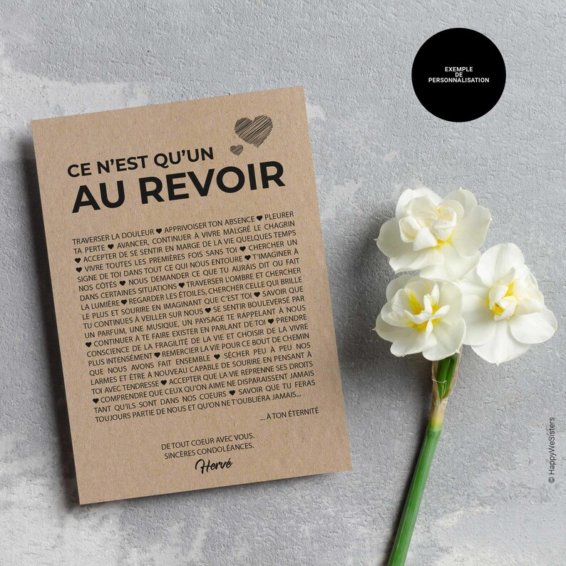 Carte de condoléances - Carte de deuil - Carte de sympathie - Ce n'est qu'un au revoir - Personnalisable image 3