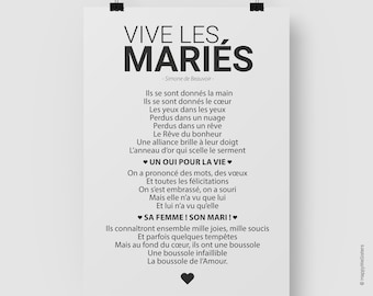 Poster "Long live the bride and groom" text by Simone de Beauvoir - Wedding decoration poster - Wedding gift - PDF poster - Digital download