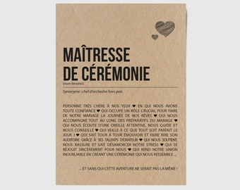 Carte définition Maîtresse de cérémonie mariage - Carte mariage - Cadeau maîtresse de cérémonie mariage laïque - Personnalisable