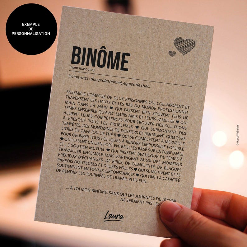 Carte définition binôme - Carte départ travail - Carte pour collègue - Au revoir binôme - Carte remerciements - Idée cadeau Personnalisable afbeelding 3