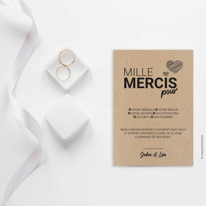 Carte de remerciement mariage - Carte postale personnalisable - Enveloppe kraft offerte afbeelding 3