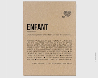 Carte définition enfant - Carte de félicitation naissance - Cadeau naissance - Personnalisable en option