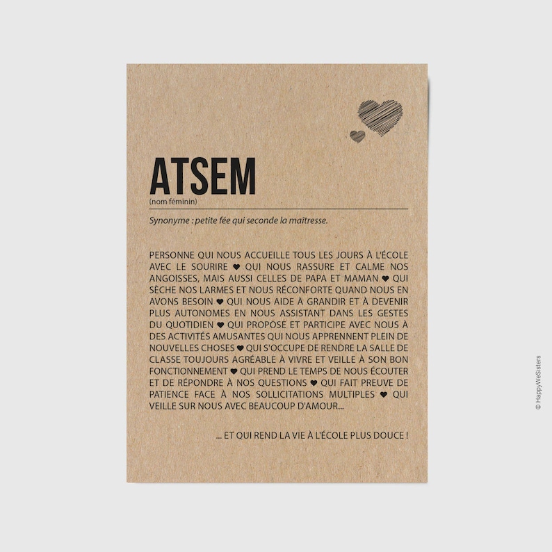 Carte définition ATSEM - Idée cadeau fin d'année scolaire - Idée cadeau ATSEM - Merci ATSEM - Personnalisable image 1