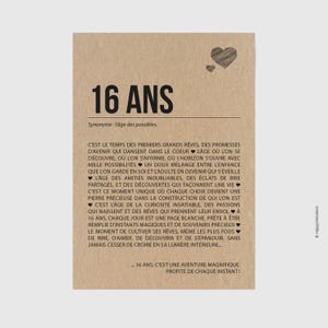 Carte d'anniversaire 16 ans originale - Définition 16 ans - Célébration 16 ans - Carte anniversaire adolescent(e) - Personnalisable