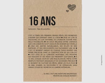 Carte d'anniversaire 16 ans originale - Définition 16 ans - Célébration 16 ans - Carte anniversaire adolescent(e) - Personnalisable