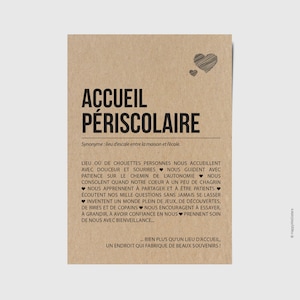 Carte définition accueil périscolaire - Idée cadeau fin d'année scolaire - Carte personnalisable remerciement personnel garderie