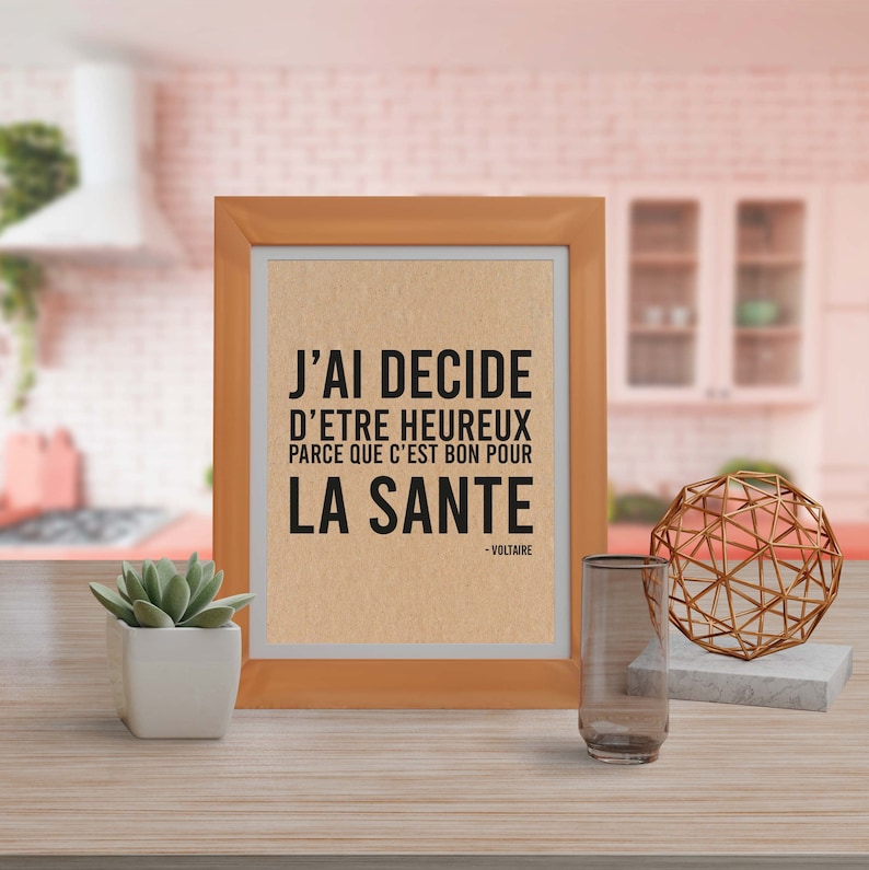 Tarjeta con frase en francés "He decidido ser feliz porque es bueno para la salud" Voltaire imagen 3