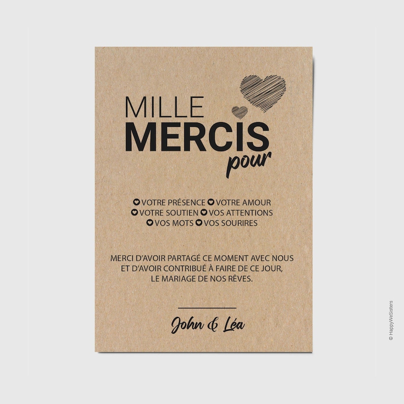 Carte de remerciement mariage - Carte postale personnalisable - Enveloppe kraft offerte afbeelding 1