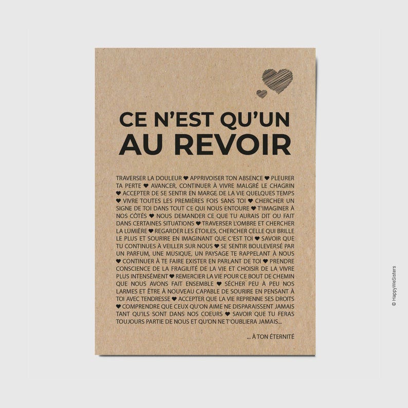 Carte de condoléances - Carte de deuil - Carte de sympathie - Ce n'est qu'un au revoir - Personnalisable image 1