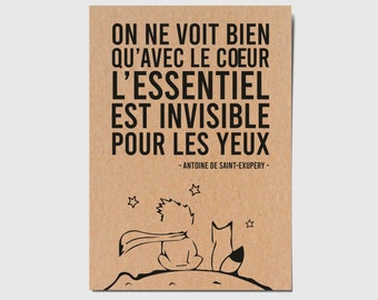 Carte avec citation française "On ne voit bien qu'avec le coeur. L'essentiel est invisible pour les yeux" - Antoine de Saint-Exupéry