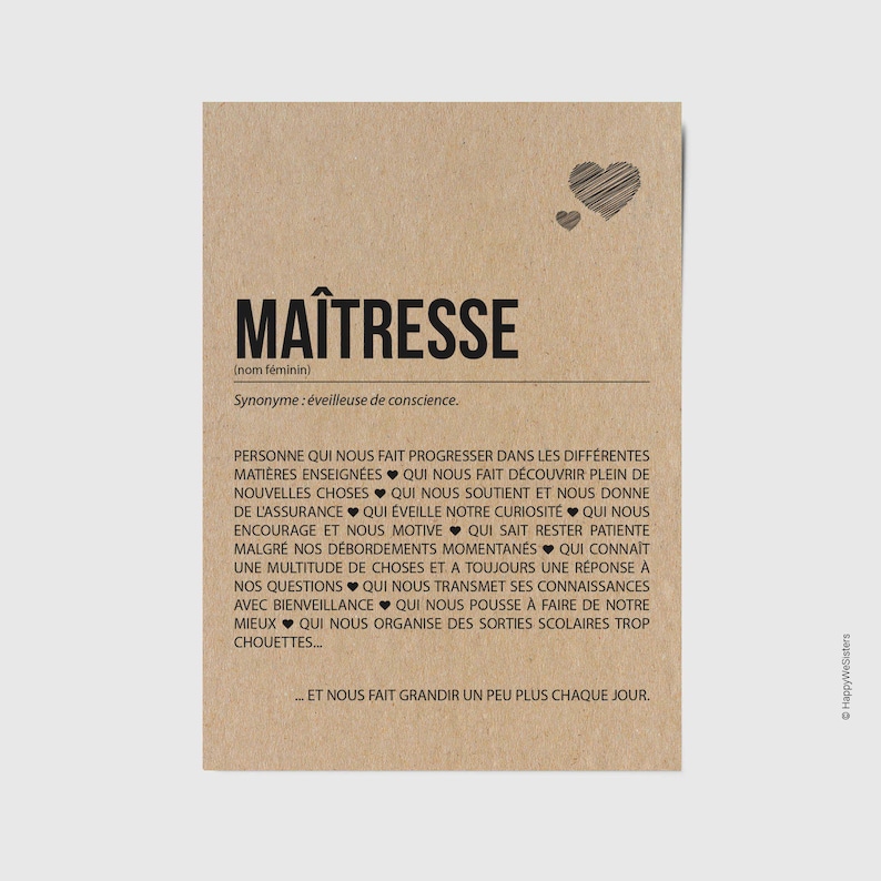 Carte définition Maîtresse - Carte Merci maîtresse - Idée cadeau maîtresse - Personnalisation possible image 1