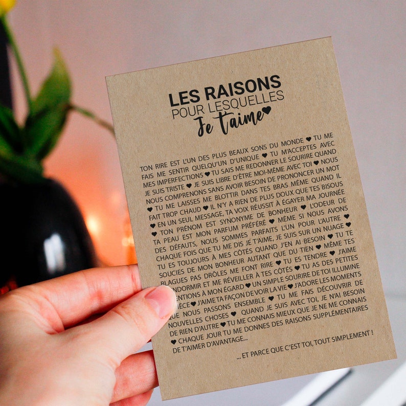 Carte d'amour Les raisons pour lesquelles je t'aime - Etsy France