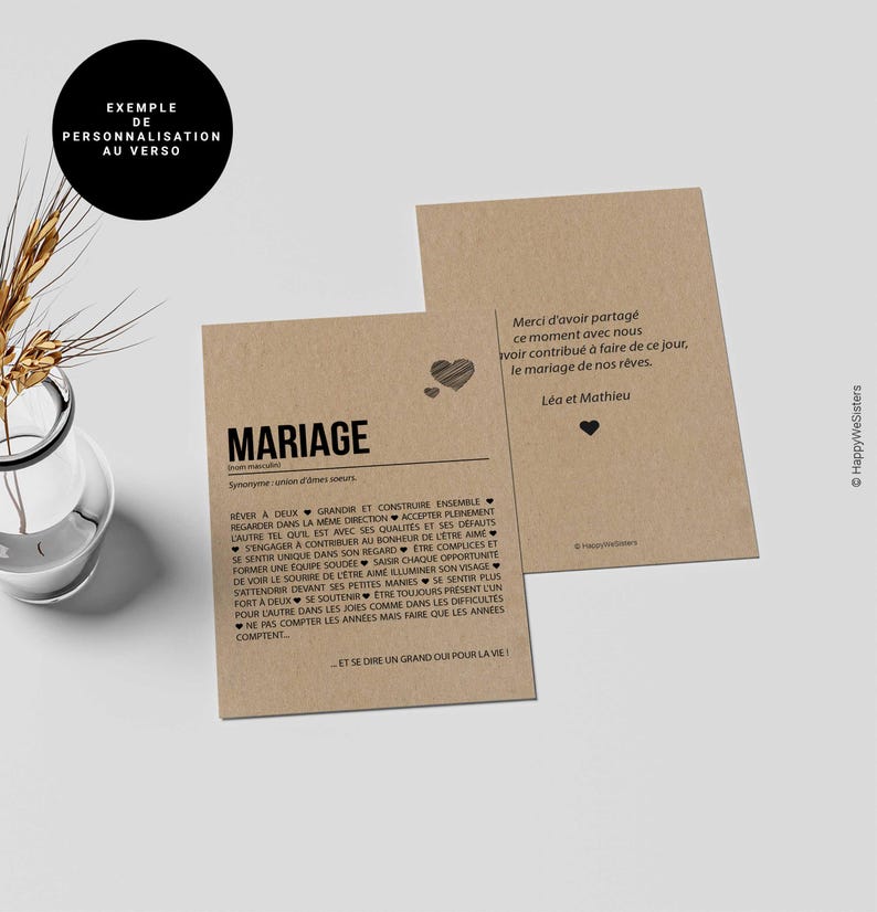 Carte définition mariage - Cadeau de mariage - Carte de félicitations mariage - Demande en mariage - Personnalisable - Voeux de mariage afbeelding 4