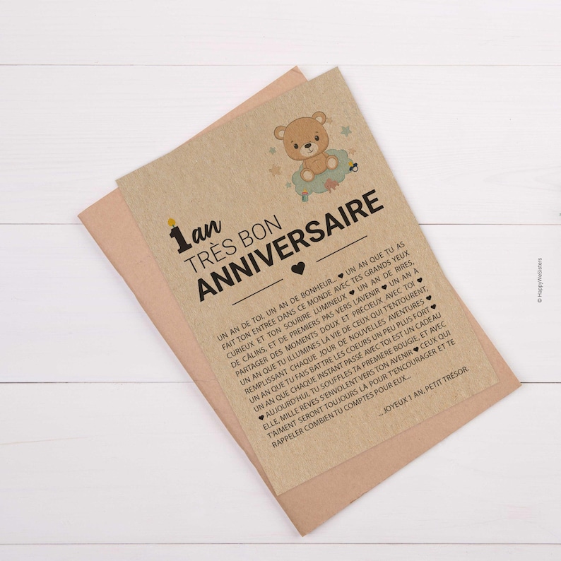 Carte d'anniversaire enfant 1 an - Joyeux premier anniversaire - Carte anniversaire originale - carte pour les 1 an bébé - personnalisable image 2