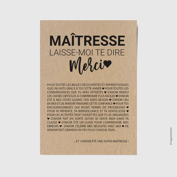 Carte merci Maîtresse - Carte maîtresse fin d'année scolaire - Idée cadeau maîtresse - Personnalisable