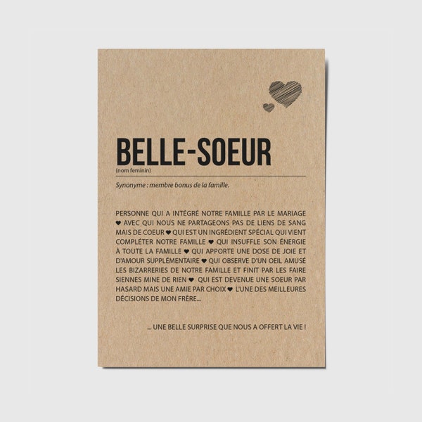 Carte définition Belle-soeur - Carte d'anniversaire Belle-soeur - Cadeau Noël Belle-soeur - Carte d'affection - Personnalisable