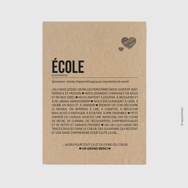 Carte définition Ecole - Carte Merci maîtresse - Idée cadeau fin année scolaire - Personnalisation possible image 1